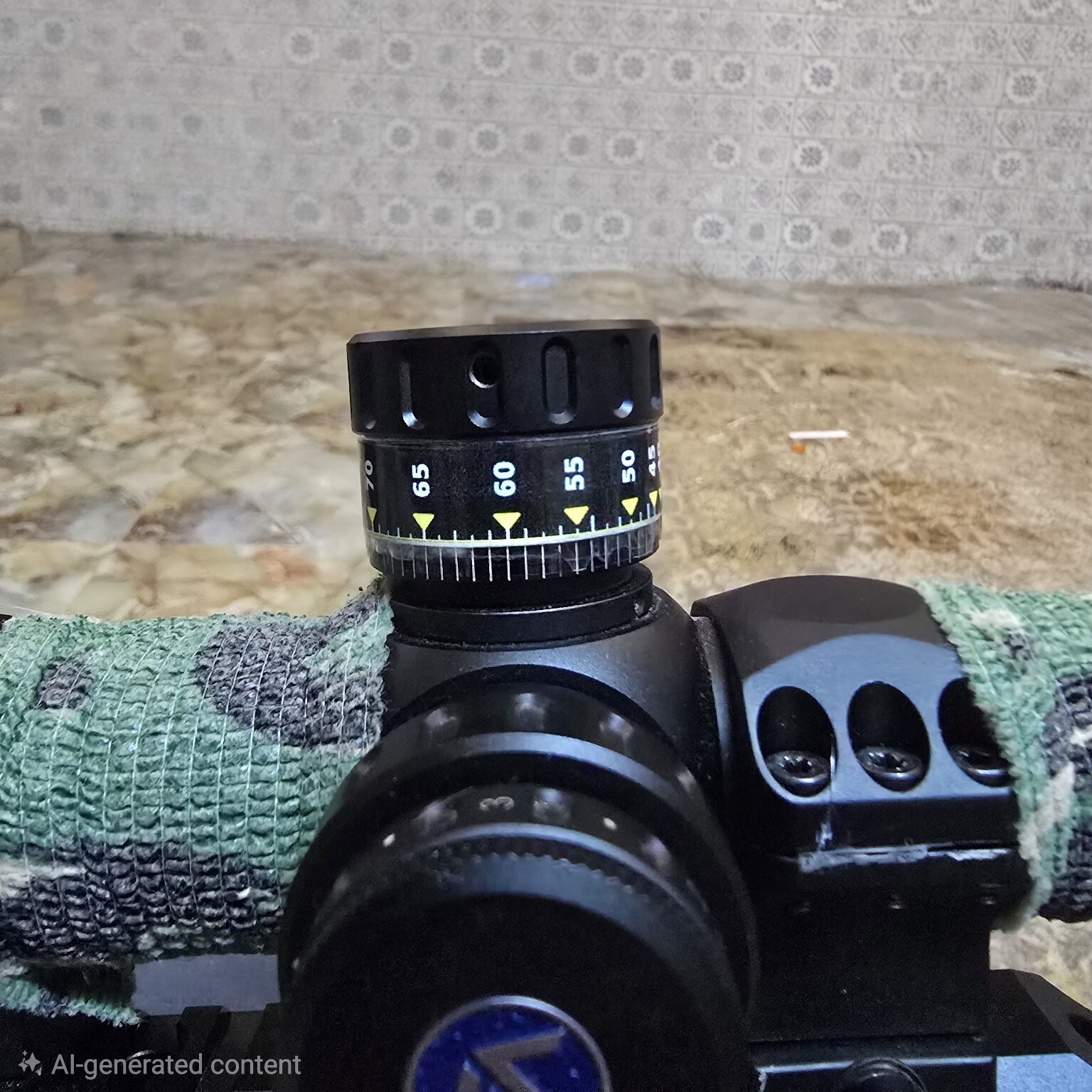 High-visibility turret label with white distance numbers and yellow pointers